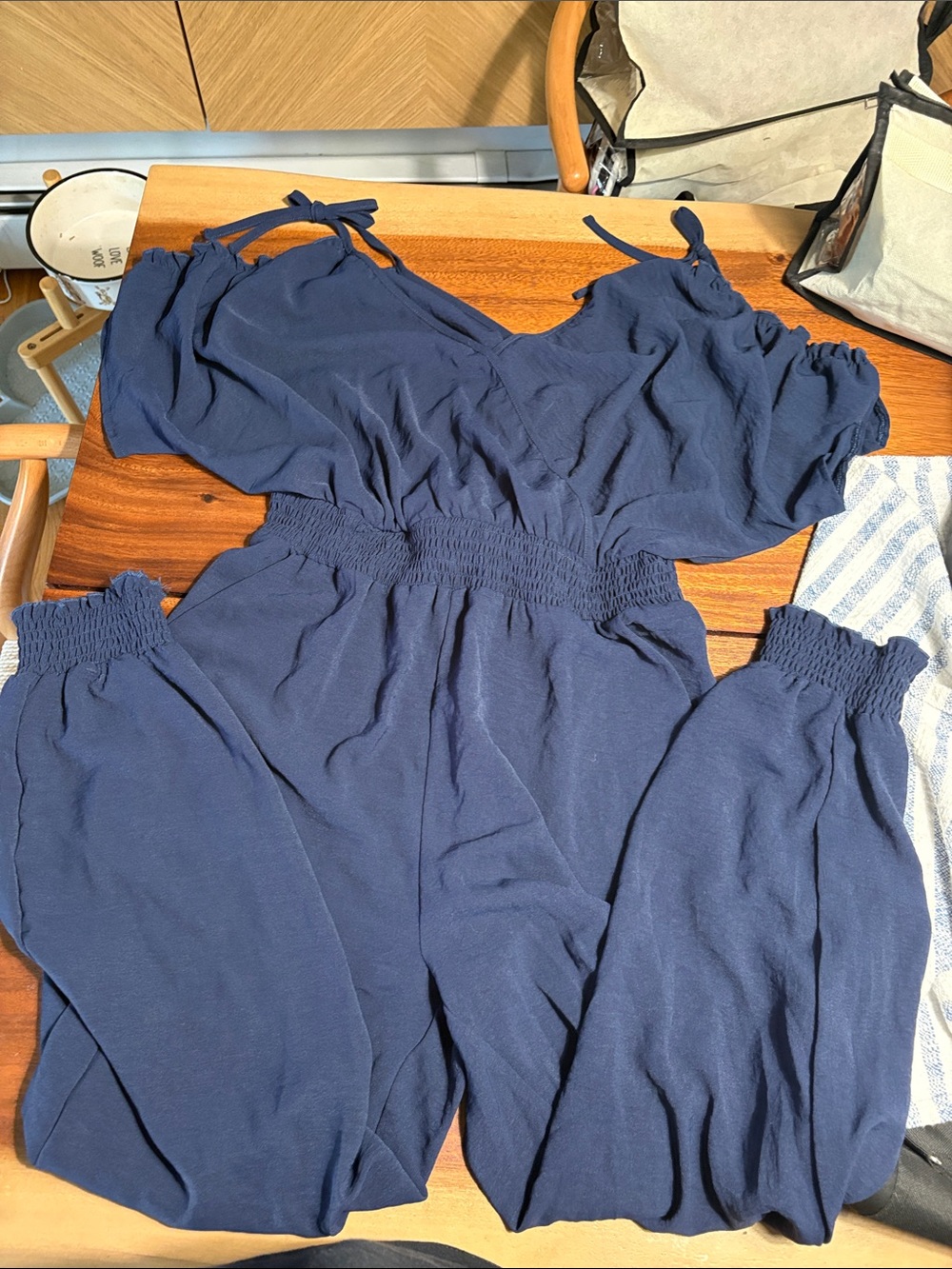 SHEIN Navy Blue Off-Shoulder Jumpsuit with Smocked Waist